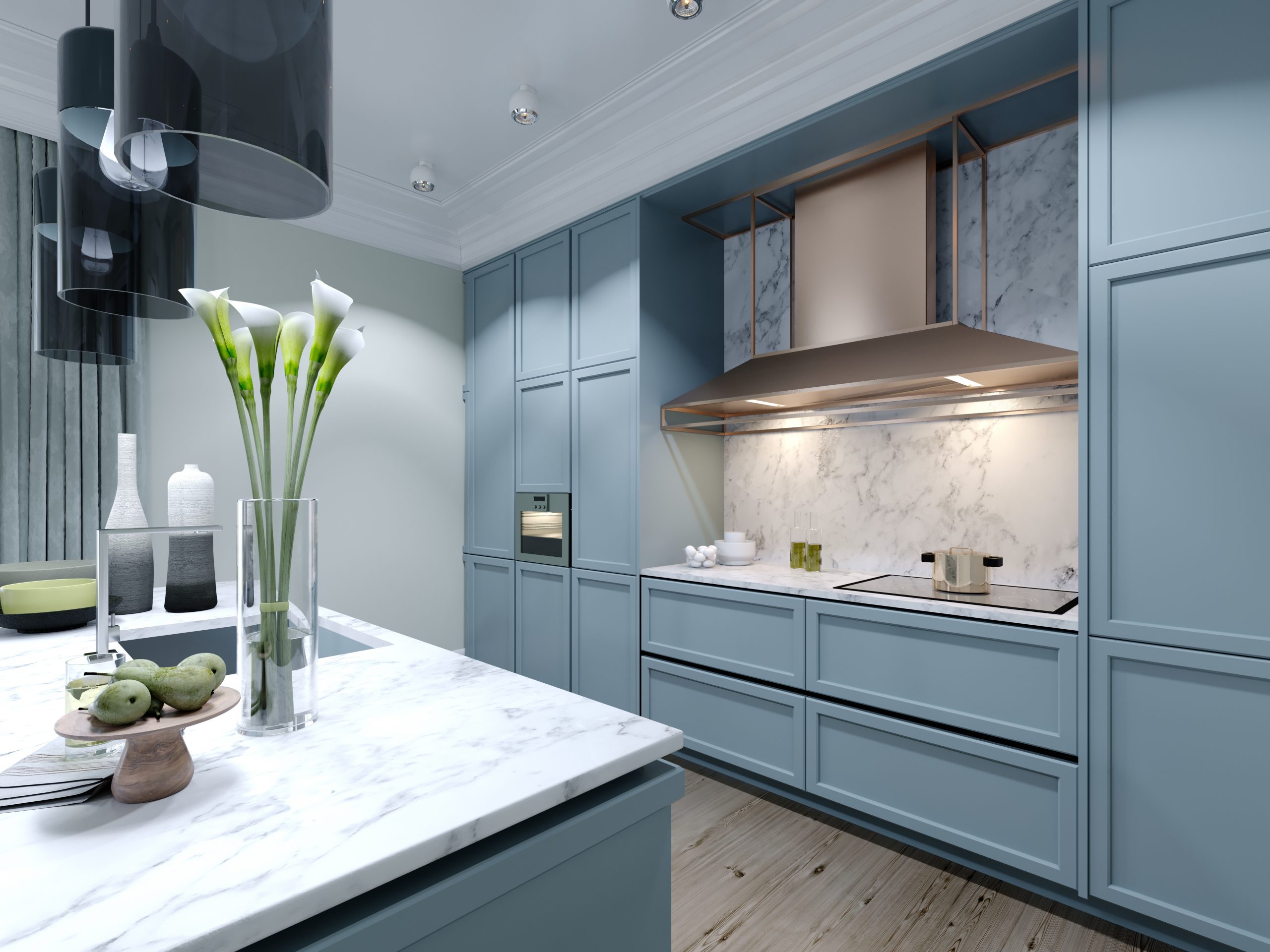 Modern trendy kitchen with light blue faded coral color furniture. 3D rendering.
